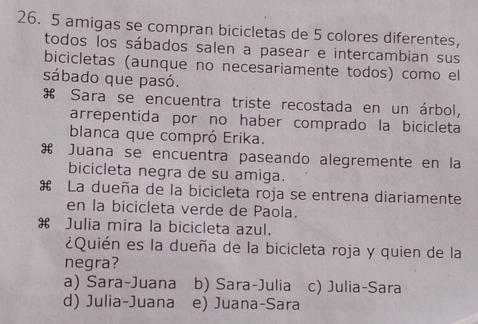 5 amigas se compran bicicletas de 5 colores diferentes,
todos los sábados salen a pasear e intercambian sus
bicicletas (aunque no necesariamente todos) como el
sábado que pasó.
# Sara se encuentra triste recostada en un árbol,
arrepentida por no haber comprado la bicicleta
blanca que compró Erika.
H Juana se encuentra paseando alegremente en la
bicicleta negra de su amiga.
# La dueña de la bicicleta roja se entrena diariamente
en la bicicleta verde de Paola.
Julia mira la bicicleta azul.
¿Quién es la dueña de la bicicleta roja y quien de la
negra?
a) Sara-Juana b) Sara-Julia c) Julia-Sara
d) Julia-Juana e) Juana-Sara