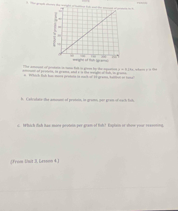 DATE PERIOD 
3. The graph shows the weein in it. 
weight of fish (grams) 
The amount of protein in tuna fish is given by the equation y=0.24x , where y is the 
amount of protein, in grams, and x is the weight of fish, in grams. 
a. Which fish has more protein in each of 10 grams, halibut or tuna? 
b. Calculate the amount of protein, in grams, per gram of each fish. 
c. Which fish has more protein per gram of fish? Explain or show your reasoning. 
(From Unit 3, Lesson 4.)