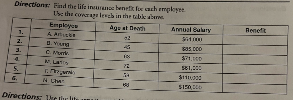 Directions: Find the life insurance benefit for each employee. 
Use the coverage levels in 
tio n s: h