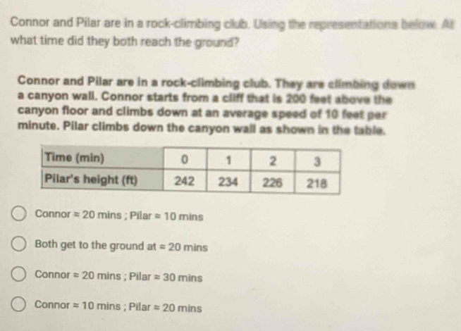 Connor and Pilar are in a rock-climbing club. Using the representations below. At
what time did they both reach the ground?
Connor and Pilar are in a rock-climbing club. They are climbing down
a canyon wall. Connor starts from a cliff that is 200 feet above the
canyon floor and climbs down at an average speed of 10 feet per
minute. Pilar climbs down the canyon wall as shown in the table.
Connor approx 20mins; Pilar approx 10mins
Both get to the ground atapprox 20mins
Connor approx 20mins; Pilarapprox 30mins
Connor approx 10mins; Pilarapprox 20mins