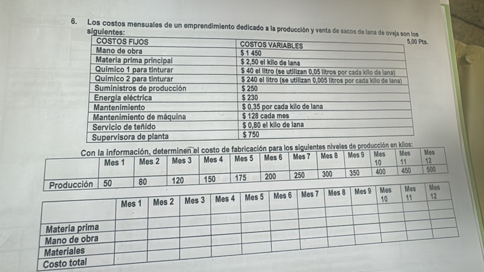 Los costos mensuales de un emprendimiento dedicado a la producción y vent