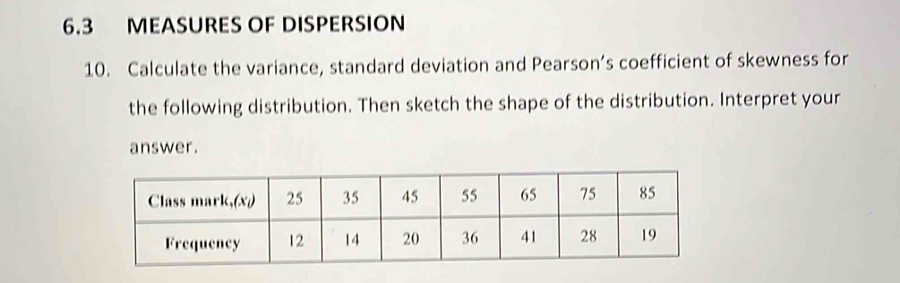 6.3 MEASURES OF DISPERSION 
10. Calculate the variance, standard deviation and Pearson’s coefficient of skewness for 
the following distribution. Then sketch the shape of the distribution. Interpret your 
answer.