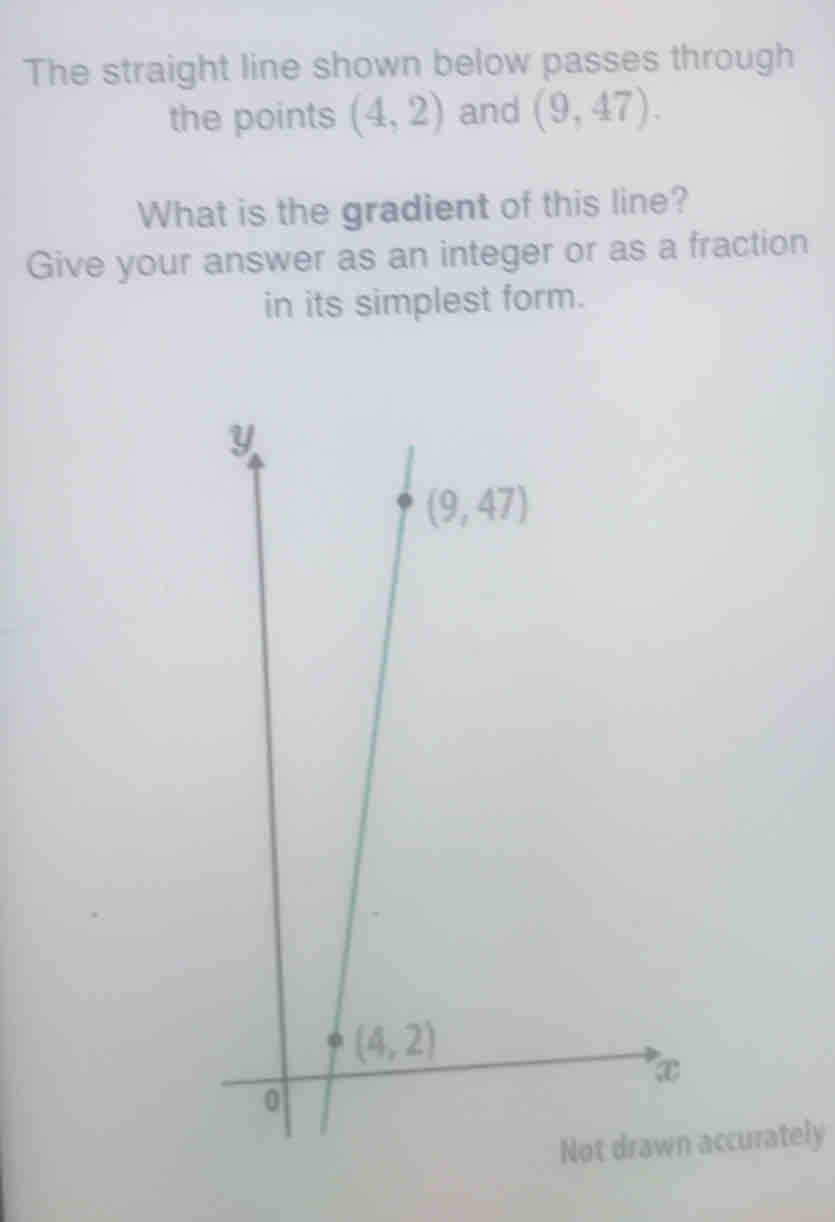 The straight line shown below passes through
the points (4,2) and (9,47).
What is the gradient of this line?
Give your answer as an integer or as a fraction
in its simplest form.
ccurately