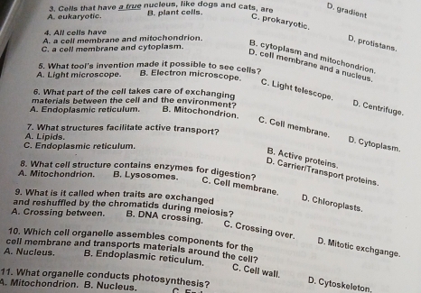 Cells that have a true nucleus, like dogs and cats, are
D. gradient
A. eukaryotic. B. plant cells.
4. All cells have
C. prokaryotic. D. protistans.
A. a cell membrane and mitochondrion.
C. a cell membrane and cytopiasm.
B. cytoplasm and mitochondrion
D. cell membrane and a nucieus.
5. What tool's invention made it possible to see cells?
A. Light microscope.
B. Electron microscope.
6. What part of the cell takes care of exchanging
C. Light telescope. D. Centrifuge.
materials between the cell and the environment?
A. Endoplasmic reticulum. B. Mitochondrion.
7. What structures facilitate active transport?
C. Cell membrane D. Cytoplasm.
A. Lipids.
C. Endoplasmic reticulum.
D. Carrier/Transport proteins. B. Active proteins.
8. What cell structure contains enzymes for digestion?
A. Mitochondrion. B. Lysosomes. C. Cell membrane
9. What is it called when traits are exchanged
D. Chioroplasts.
and reshuffled by the chromatids during meiosis?
A. Crossing between. B. DNA crossing.
10. Which cell organelle assembles components for the
C. Crossing over. D. Mitotic exchgange.
cell membrane and transports materials around the cell?
A. Nucleus. B. Endoplasmic reticulum.
11. What organelle conducts photosynthesis?
C. Cell wall. D. Cytoskeleton.
A. Mitochondrion. B. Nucleus.