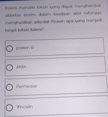 Kolera memiliki toksin yang đapat menghambat
aktivitas enzim dalam keađaan aktif sehingga .
mengħasilkan ađenilat. Protein apa yang menjađi
target toksin kolera?
protein 6
Aktin
Permease
Vinculin