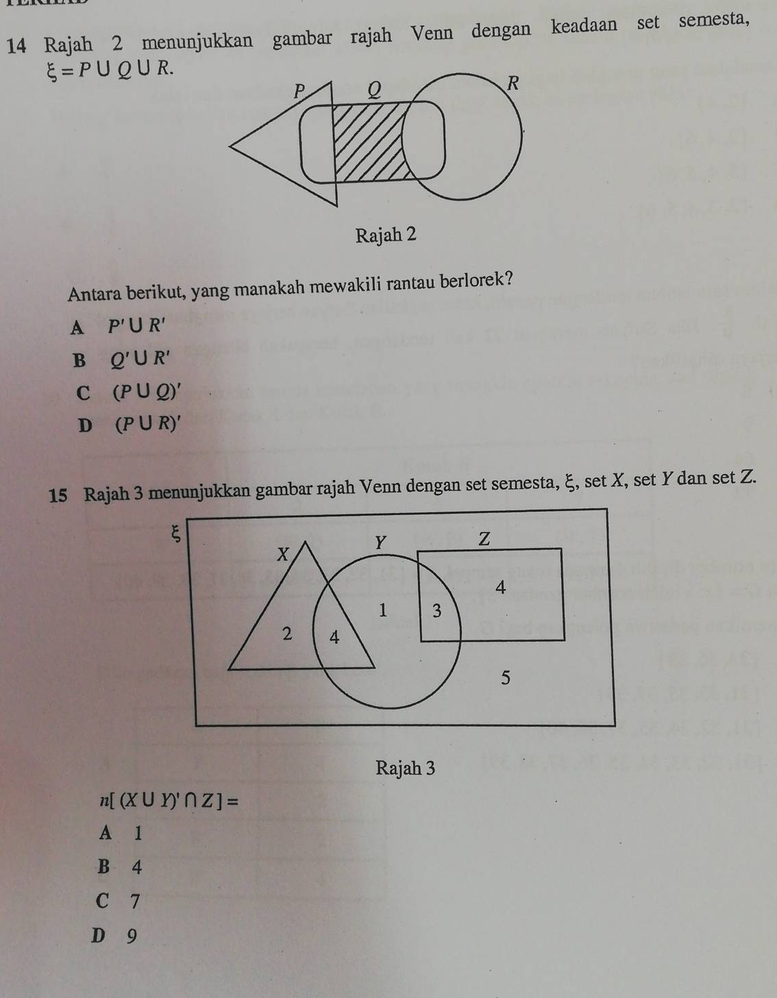 Rajah 2 menunjukkan gambar rajah Venn dengan keadaan set semesta,
xi =P∪ Q∪ R.
P Q
R
Rajah 2
Antara berikut, yang manakah mewakili rantau berlorek?
A P'∪ R'
B Q'∪ R'
C (P∪ Q)'
D (P∪ R)'
15 Rajah 3 menunjukkan gambar rajah Venn dengan set semesta, ξ, set X, set Y dan set Z.
ξ
x
Y
z
4
1 3
2 4
5
Rajah 3
n[ (X∪ Y)'∩ Z]=
A 1
B 4
C 7
D 9