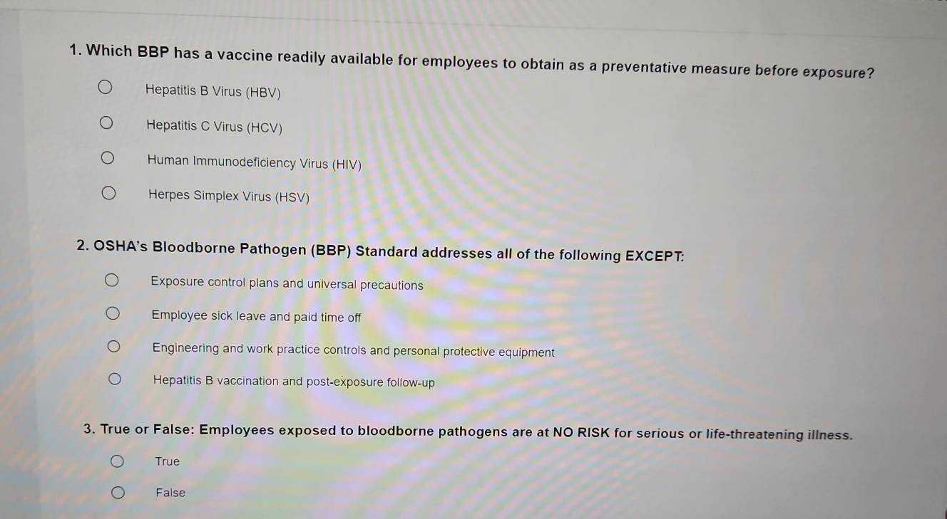 Solved: Which BBP has a vaccine readily available for employees to ...