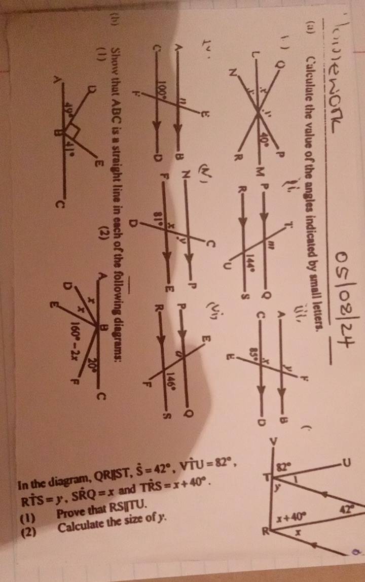 In the diagram, QR|ST, hat S=42° , viu =82°,
Rhat TS=y , SÑQ =x and That RS=x+40°.
(1) Prove that RS||TU. 
(2) Calculate the size of y.