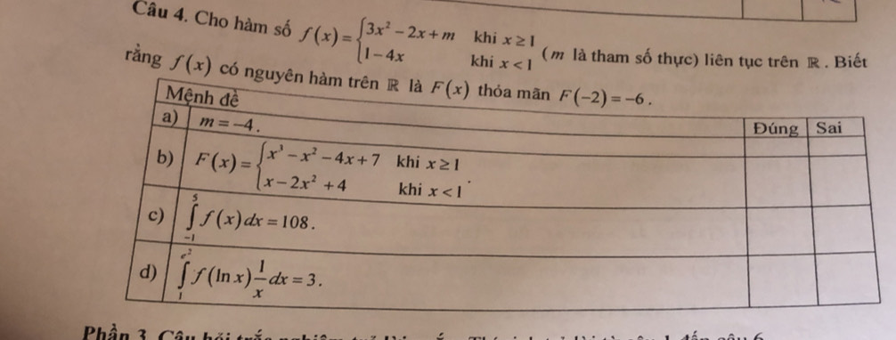 Cho hàm số f(x)=beginarrayl 3x^2-2x+mkhix≥ 1 1-4xkhix<1endarray. (m là tham số thực) liên tục trên R . Biết
rằng f(x) có ng
Phần 3. Câu hị