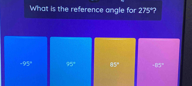 What is the reference angle for 275° ?
-95°
95°
85°
-85°