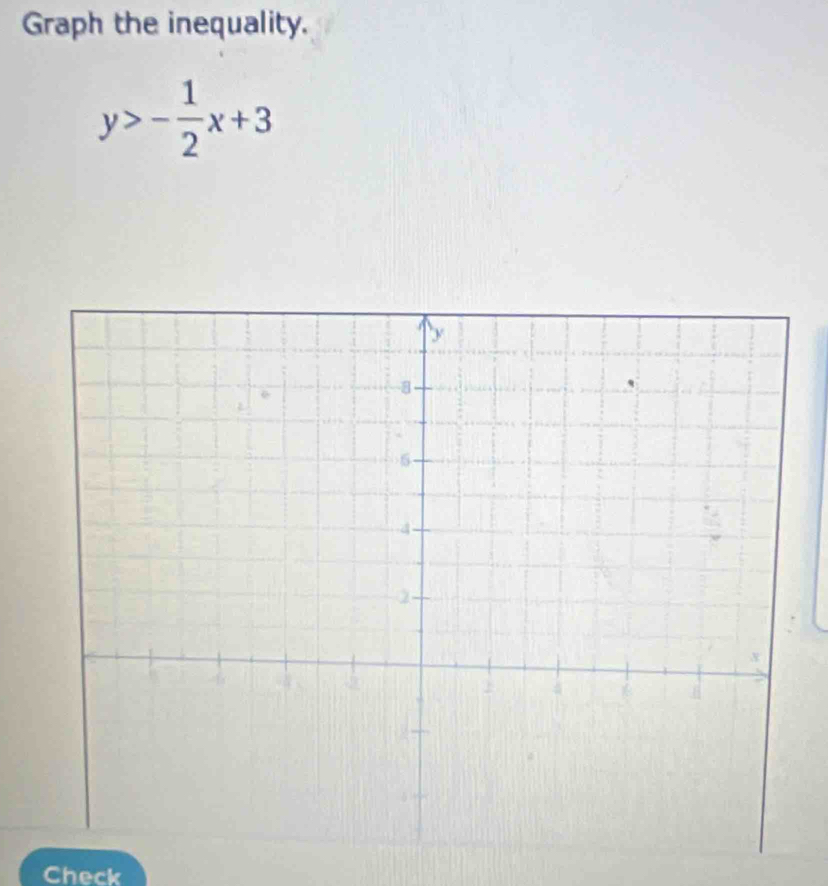 Graph the inequality.
y>- 1/2 x+3
Check