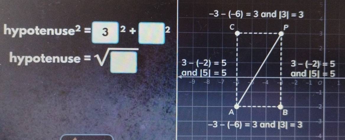 -3-(-6)=3 and |3|=3
hypotenuse^2=3^2+□^2 2 
C
P
3
hypotenuse =sqrt(□ )
2
3-(-2)=5
3-(-2)=5
and |5|=5 and |5|=5
-9 -8 -7 5 -4 -1 -2 -1 0
1.
2
A 
B
-3-(-6)=3 and |3|=3 3
4