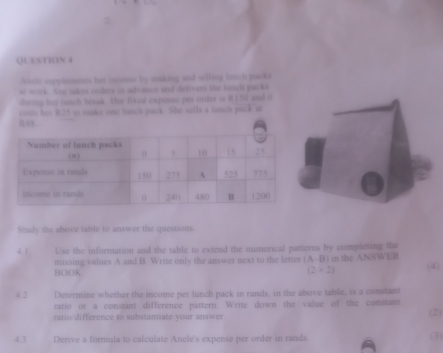 Ancle supplemens her incouns by uaking and selling lunch packs 
at work. She takes orders in advance and deftvers the hinch packs 
during her lunch break. Her fixed expense par order is R150 and o
48. costs her H.25 to take one lunch pack. She sells a lunch pack at 
Study the above table to answer the questions. 
4 | Use the information and the table to extend the numerical patterns by completing the 
missing values A and B. Write only the answer next to the letter (A-B in the ANSWER 
BOOK (4)
(2+2)
4.2 Determine whether the income per lunch pack in rands, in the above table, is a constant 
ratio or a constant difference pattern. Write down the value of the constant 
ratic difference to substantiate your answer (2) 
4 3 Derive a formula to calculate Ancle's expense per order in rands (3)