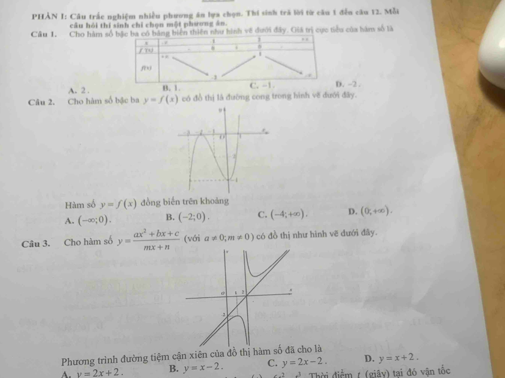 PHÀN I: Câu trấc nghiệm nhiều phương án lựa chọn. Thí sinh tră lời từ câu 1 đếu câu 12. Mỗi
câu hỏi thí sinh chỉ chọn một phương ân.
Câu 1. Cho hàm sư hình về dưới đây. Giá trị cực tiểu của hàm số là
A. 2 .. -2 .
Câu 2. Cho hàm số bậc ba y=f(x) có đồ thị là đường cong trong hình vẽ đưới đây.
Hàm số y=f(x) đồng biến trên khoảng
A. (-∈fty ;0).
B. (-2;0). C. (-4;+∈fty ). D. (0,+∈fty ).
Câu 3. Cho hàm số y= (ax^2+bx+c)/mx+n  (với a!= 0;m!= 0) có đồ thị như hình vẽ dưới đây.
Phương trình đường tiệm cận xiên của đồ thị hàm o là
A. y=2x+2. B. y=x-2. C. y=2x-2. D. y=x+2.
∠ 2a^3 Thời điểm t (giây) tại đó vận tốc