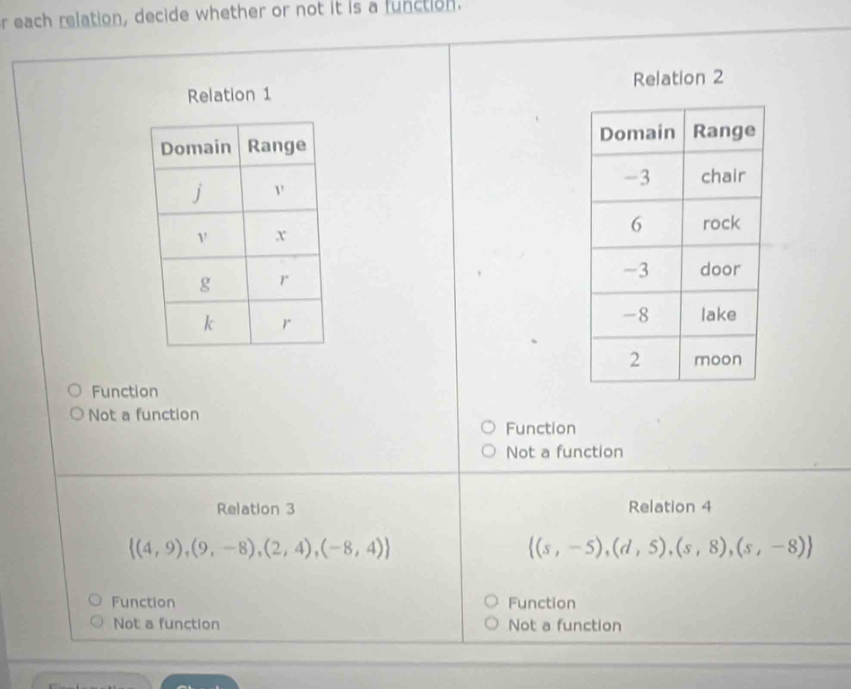 each relation, decide whether or not it is a function.
Relation 1 Relation 2

Function
Not a function
Function
Not a function
Relation 3 Relation 4
 (4,9),(9,-8),(2,4),(-8,4)
 (s,-5),(d,5),(s,8),(s,-8)
Function Function
Not a function Not a function