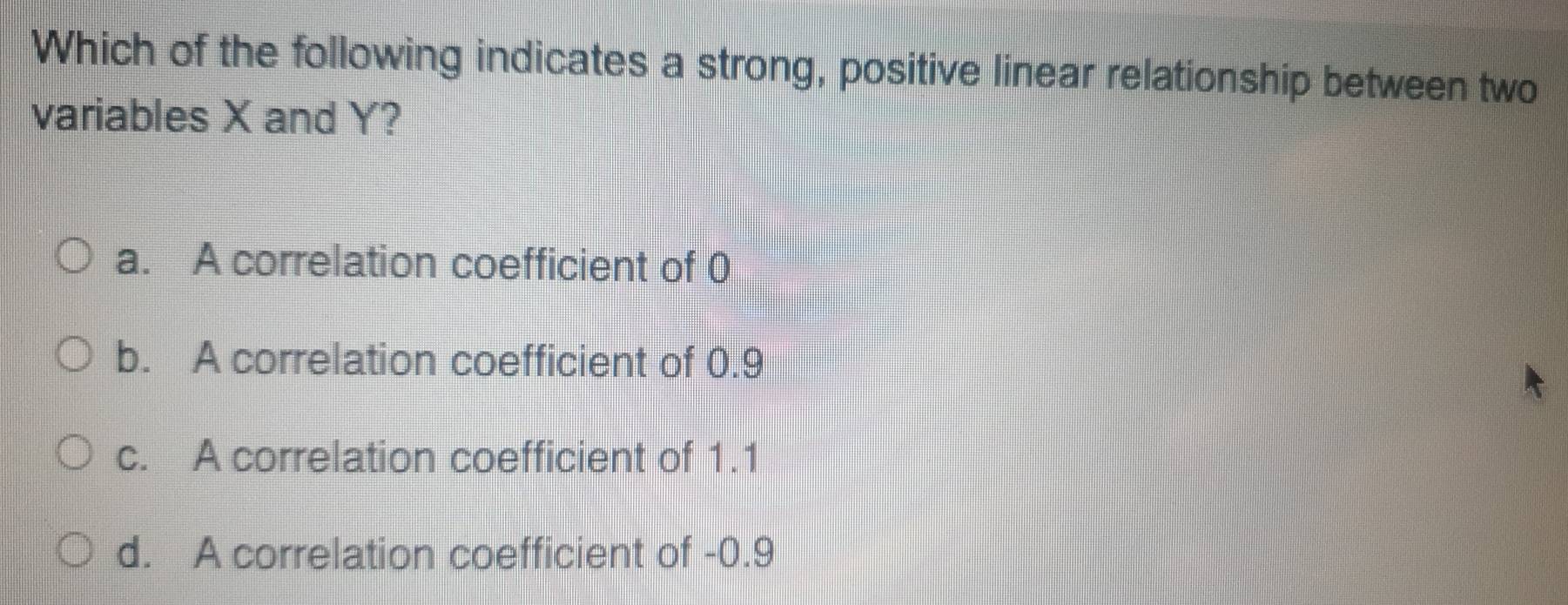 Which of the following indicates a strong, positive linear relationship between two
variables X and Y?
a. A correlation coefficient of 0
b. A correlation coefficient of 0.9
c. A correlation coefficient of 1.1
d. A correlation coefficient of -0.9