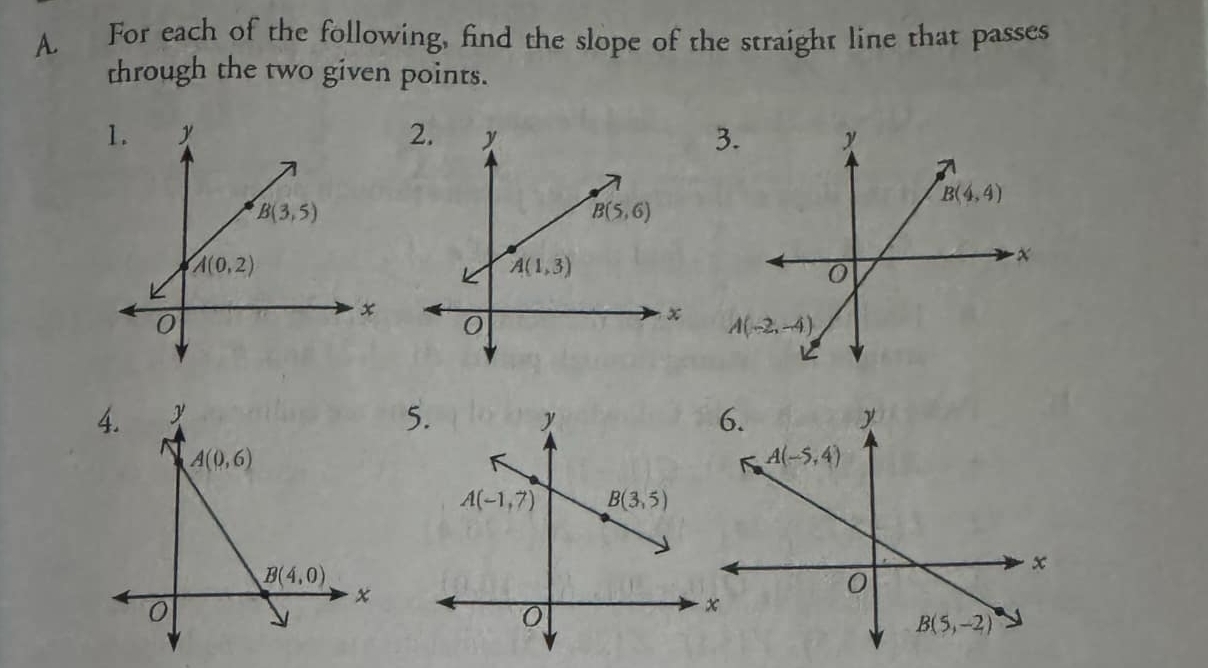 For each of the following, find the slope of the straight line that passes
through the two given points.
 
5.