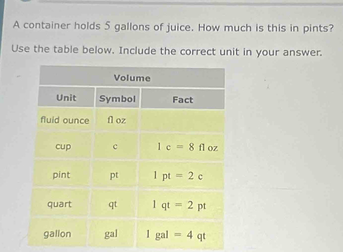 A container holds 5 gallons of juice. How much is this in pints?
Use the table below. Include the correct unit in your answer.