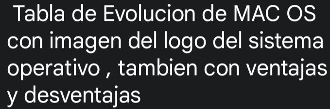 Tabla de Evolucion de MAC OS 
con imagen del logo del sistema 
operativo , tambien con ventajas 
y desventajas