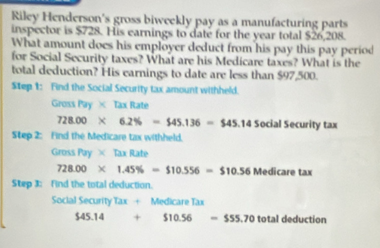 Riley Henderson's gross biweekly pay as a manufacturing parts 
inspector is $728. His earnings to date for the year total $26,208. 
What amount does his employer deduct from his pay this pay period 
for Social Security taxes? What are his Medicare taxes? What is the 
total deduction? His earnings to date are less than $97,500. 
Step 1: Find the Social Security tax amount withheld. 
Gross Pay × Tax Rate
728.00* 6.2% =$45.136=$45.14 Social Security tax 
Step 2: Find the Medicare tax withheld. 
SJ os S fuy* Tax Rate
728.00* 1.45% =$10.556=$10.56Medicareta x 
Step 3: find the total deduction. 
Social Security Tax + Medicare Tax
$45.14+$10.56=$55.70totalded luction