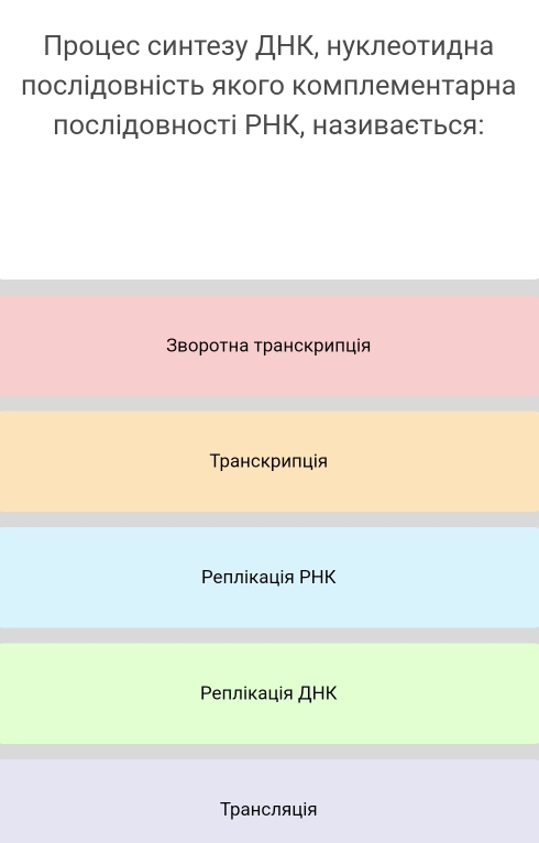 Процес синтезу ДНΚ, нуклеотидна
лослідовність якого Κомплементарна
лослідовності РHK, називаеться:
Ввороτна транскрипція
Транскрипція
Ρепліκація PHK
Ρепліκація ДΗK
Трансляція