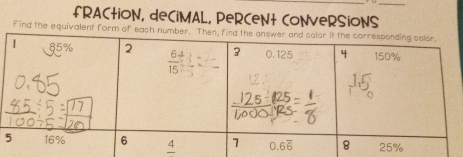 fRACtiON, deCiMAL, PeRCeNt CONveRSiONS
Find the equivalent form of each n