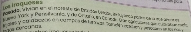 Los iroqueses 
portantes para 
Pasado. Vivían en el noreste de Estados Unidos, incluyendo partes de lo que ahora es 
Nueva York y Pensilvania, y de Ontario, en Canadá. Eran agricultores que cultivaban maíz, 
frijoles y calabazas en campos de terrazas. También cazaban y pescaban en los ríos y 
ngos cercanos.