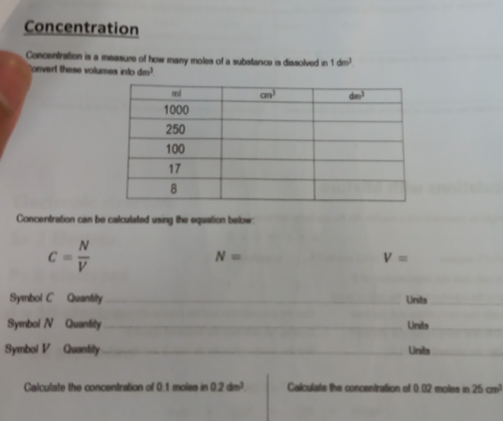 Concentration
Concentration is a measure of how many moles of a substance is dissolved in 1dm^3.
Convert these volumes into dm^3
Concentration can be calculated using the equation below:
c= N/V 
N=
V=
_
Symbol C Quantity_ Units_
Symbol N Quantity_ Units_
Symbol V Quantity _Units_
Calculate the concentration of 0.1 moles in 0.2dm^3 Calculate the concentration of 0.02 moles in 25cm^3