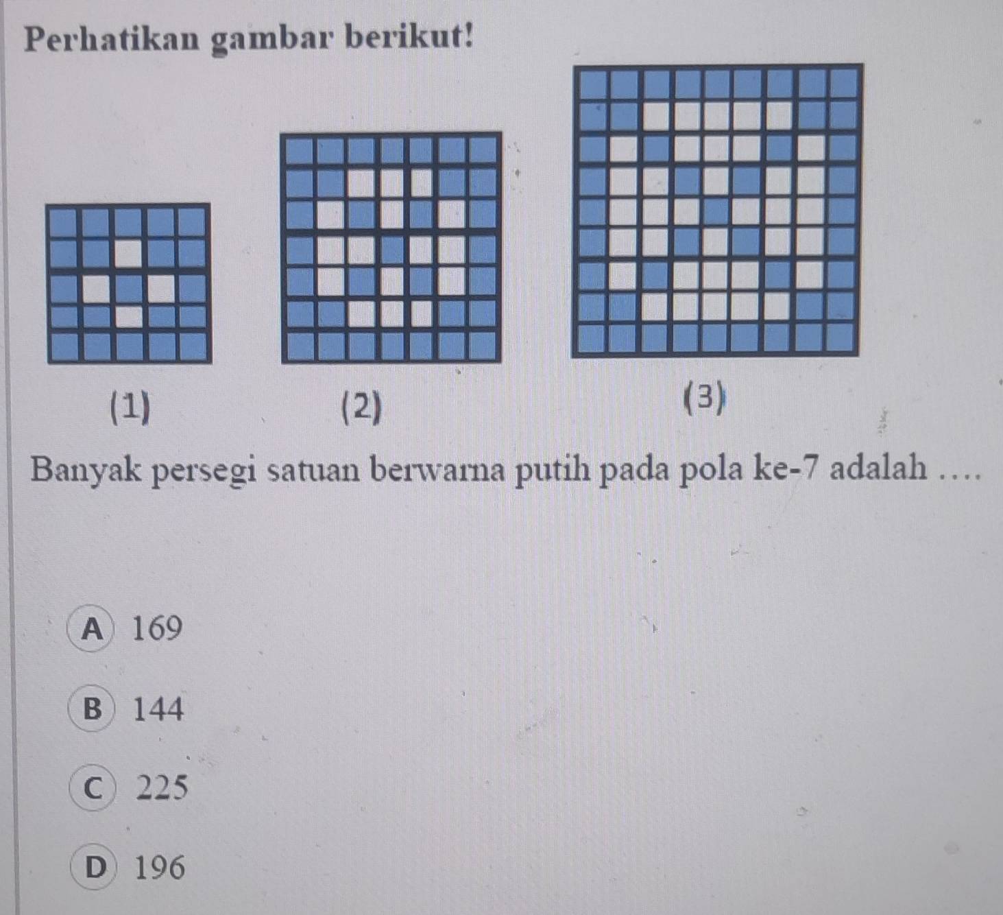 Perhatikan gambar berikut!
(1) (2)
(3)
Banyak persegi satuan berwarna putih pada pola ke -7 adalah …
A 169
B 144
C) 225
D 196