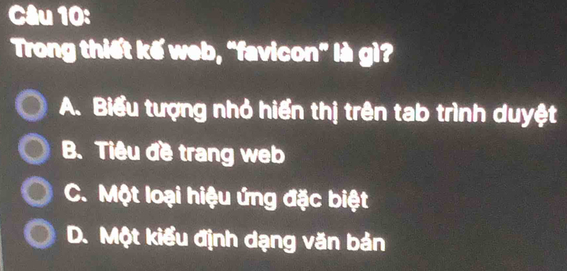 Trong thiết kế web, “favicon” là gì?
A. Biểu tượng nhỏ hiển thị trên tab trình duyệt
B. Tiêu đề trang web
C. Một loại hiệu ứng đặc biệt
D. Một kiểu định dạng văn bản