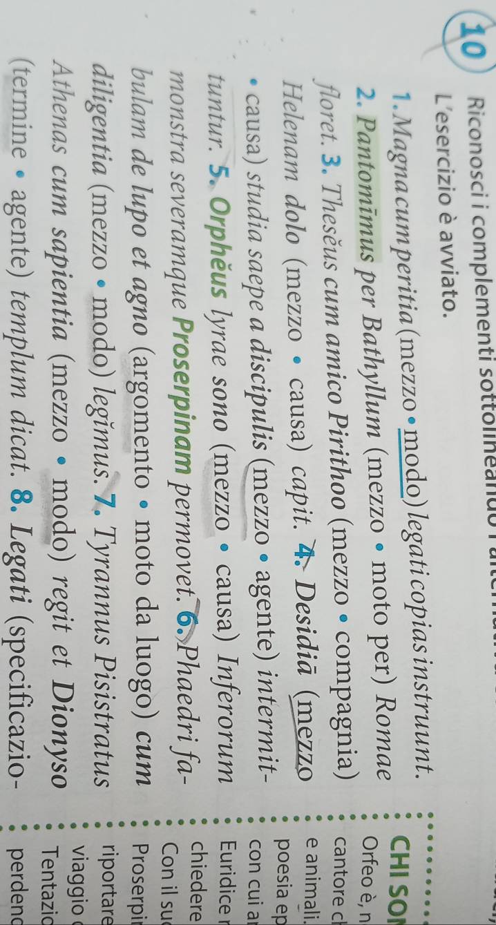 10 ) Riconosci i complementi sottolineanu 
L'esercizio è avviato. 
1. Magna cum peritia (mezzo • modo) legati copias instruunt. 
CHI SOI 
2. Pantomīmus per Bathyllum (mezzo • moto per) Romae 
Orfeo è, n 
floret. 3. Thesěus cum amico Pirithoo (mezzo • compagnia) cantore cl 
Helenam dolo (mezzo • causa) capit. 4. Desidiã (mezzo e animali. 
poesia ep 
causa) studia saepe a discipulis (mezzo • agente) intermit- con cui a 
tuntur. 5. Orphěus lyrae sono (mezzo • causa) Inferorum Euridice r 
chiedere 
monstra severamque Proserpinam permovet. 6. Phaedri fa- Con il su 
bulam de lupo et agno (argomento • moto da luogo) cum Proserpir 
diligentia (mezzo • modo) legĭmus. 7. Tyrannus Pisistratus riportare 
viaggio 
Athenas cum sapientia (mezzo • modo) regit et Dionyso Tentazic 
(termine • agente) templum dicat. 8. Legati (specificazio- perdend
