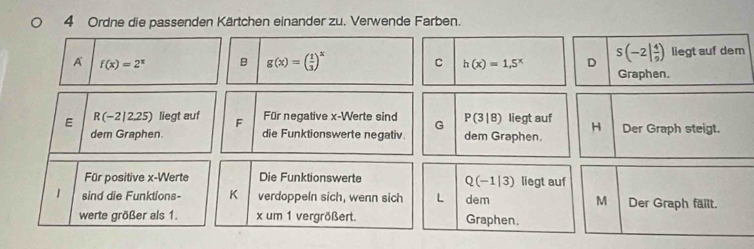 Ordne die passenden Kärtchen einander zu. Verwende Farben.