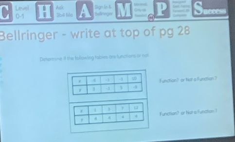 Level Ask A Sign In & Only a 1 Gae, Dusins I powand. D Success 
0-1 3b4 Me Ballringor 
Bellringer - write at top of pg 28 
Determine If the following tables are functions or not 
Function? or Not a Function ? 
Function? or Not a Function 7