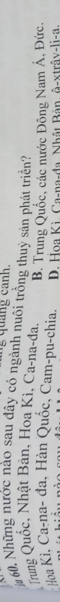 ng quảng canh.
60, Những nước nào sau đây có ngành nuôi trồng thuỷ sản phát triển?
Trung Quốc, Nhật Bản, Hoa Kì, Ca-na-đa, B. Trung Quốc, các nước Đông Nam Á, Đức.
Hoa Kì, Ca-na- đa, Hàn Quốc, Cam-pu-chia. D. Hoa Kì. Ca-na-đa. Nhật Bản, ô-xtrây-li-a.