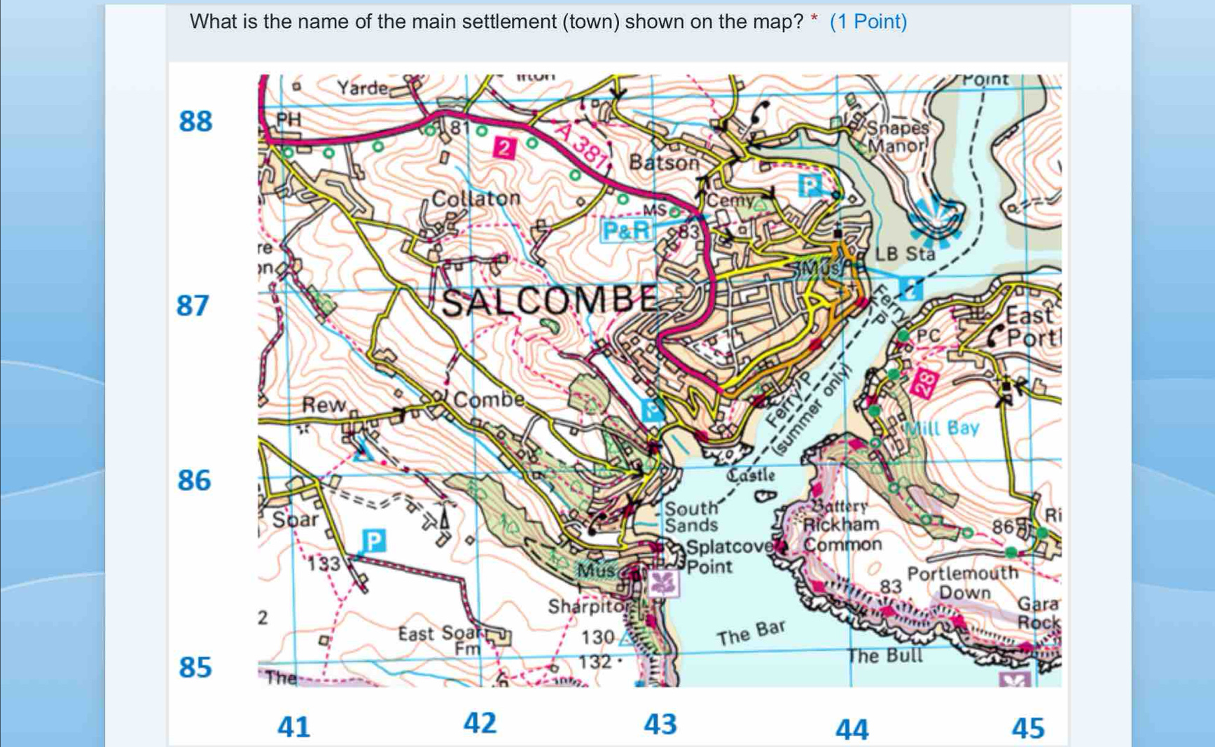 What is the name of the main settlement (town) shown on the map? * (1 Point)
41
42
43
44
45