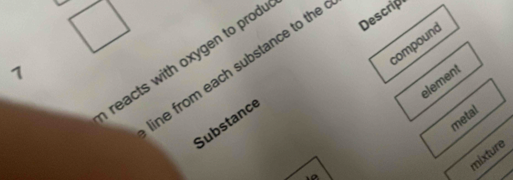 Descrip 
compound 
reacts with oxygen to prod 
line from each substance to the 
1 
element 
metal 
Substance 
mixture