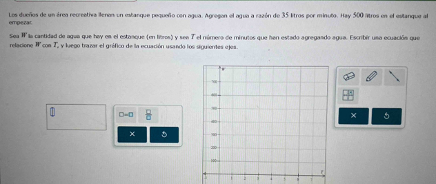 Los dueños de un área recreativa llenan un estanque pequeño con agua. Agregan el agua a razón de 35 litros por minuto. Hay 500 litros en el estanque al 
empezar. 
Sea W la cantidad de agua que hay en el estanque (en litros) y sea 7 el número de minutos que han estado agregando agua. Escribir una ecuación que 
relacione W con T, y luego trazar el gráfico de la ecuación usando los siguientes ejes. 
|frac - 
× 5
1 □ =□  □ /□  
× 5
2 4