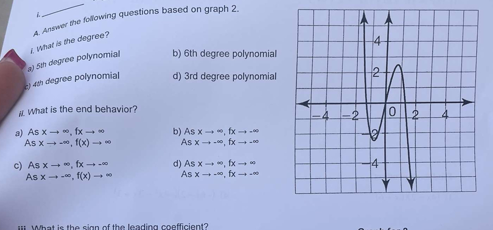 Answer the following questions based on graph 2.
i. What is the degree?
a) 5th degree polynomial b) 6th degree polynomial
c) 4th degree polynomial
d) 3rd degree polynomial
ii. What is the end behavior?
a) As xto ∈fty , fxto ∈fty b) Asxto ∈fty , fxto -∈fty
As xto -∈fty , f(x)to ∈fty Asxto -∈fty , fxto -∈fty
c) As xto ∈fty , fxto -∈fty d) Asxto ∈fty , fxto ∈fty
As xto -∈fty , f(x)to ∈fty As xto -∈fty , fxto -∈fty
iii What is the sign of the leading coefficient?