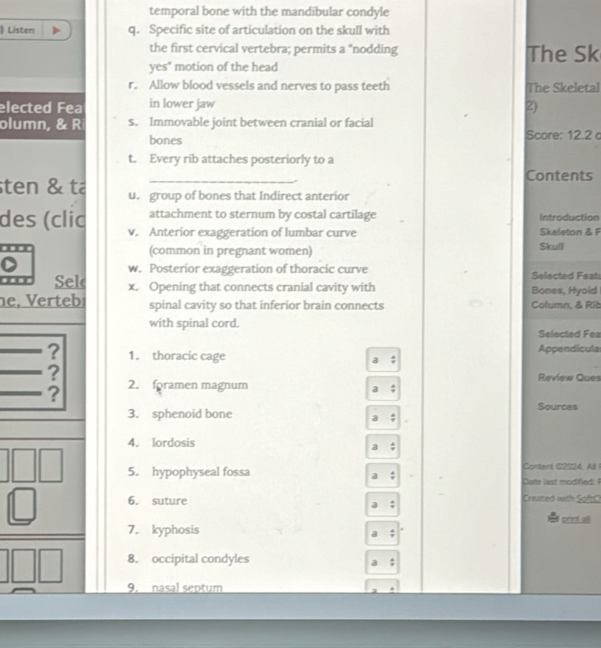 temporal bone with the mandibular condyle 
) Listen q. Specific site of articulation on the skull with 
the first cervical vertebra; permits a "nodding The Sk 
yes" motion of the head 
r. Allow blood vessels and nerves to pass teeth The Skeletal 
elected Fea in lower jaw 2) 
olumn, & R s. Immovable joint between cranial or facial 
bones Score: 12.2
t. Every rib attaches posteriorly to a 
Contents 
ten & ta u. group of bones that Indirect anterior 
attachment to sternum by costal cartilage Introduction 
des (clic v. Anterior exaggeration of lumbar curve Skeleton & F 
. (common in pregnant women) Skull 
w. Posterior exaggeration of thoracic curve Selected Feat 
■ Sel x. Opening that connects cranial cavity with Bones, Hyoid 
e, V ertebı spinal cavity so that inferior brain connects Column, & Rit 
with spinal cord. 
Selected Fea 
_? 1. thoracic cage 
Appendícula 
_? 
Review Ques 
_? 2. foramen magnum 
a 
Sources 
3. sphenoid bone 
4. lordosis 
a 
_ □ □ 5. hypophyseal fossa Content C2124, All 
a 
Date last modfied: 
6. suture Created with SoftC 
a 
print all 
_  7. kyphosis 
a 
□ □ 8. occipital condyles a ; 
9. nasal septum