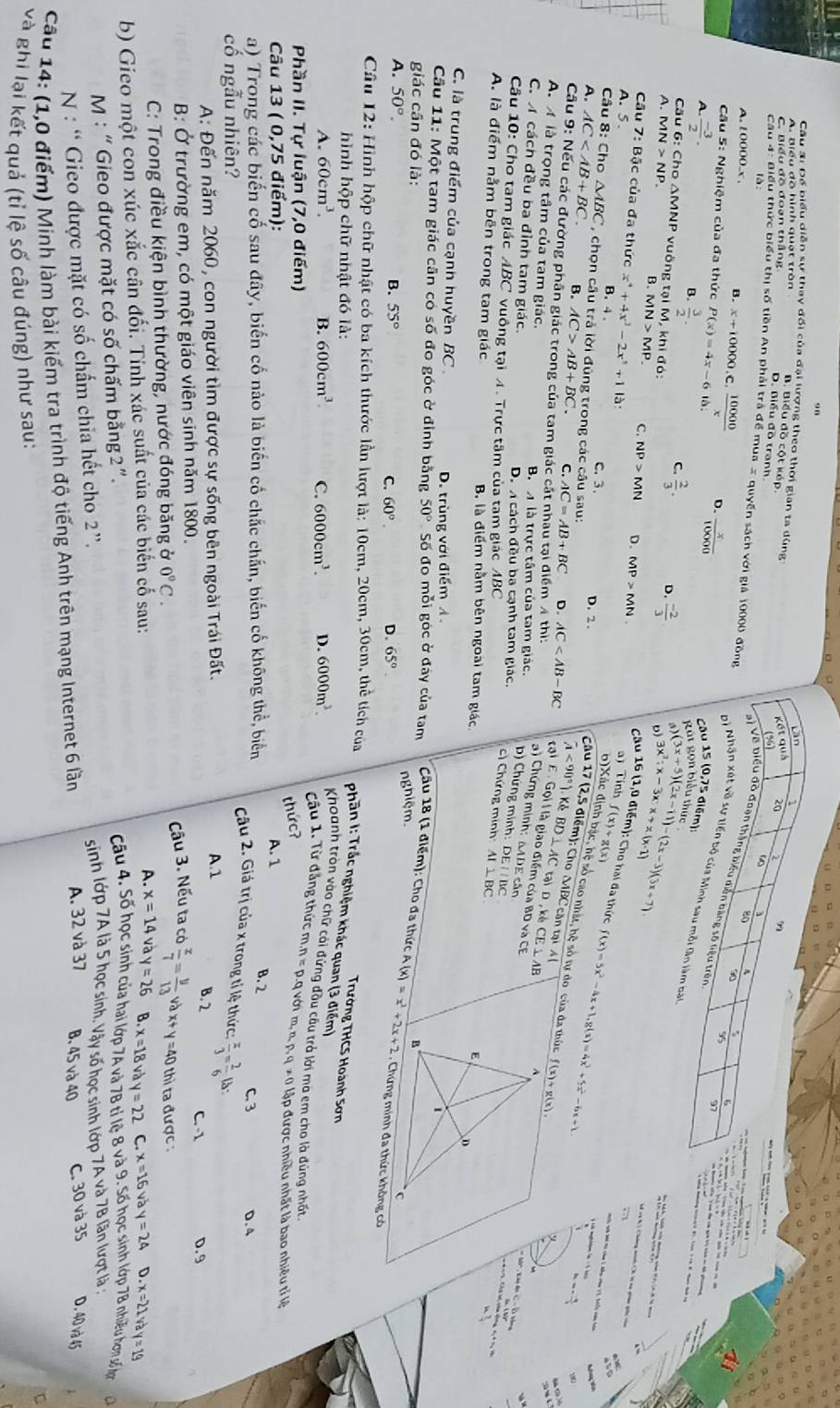 Cầu 3i Để biểu diễn sự thay đối của đại lượng theo thời gian ta dùng
A. Biểu đồ hình quạt tràn B. Biểu đồ cột kép
C. Biểu đồ đoạn thắng
D. Biểu đồ tranh
     
Cầu 4: Biểu thức biểu thị số tiền An phải trá để mua = quyền sách với giả 10000 đồng
 
Cu 5: Nghiệm của đa thức P(x)=4x-6.12  10000/x  D.  x/10000 
B. x+10000 C
A.  (-3)/2 . B.  3/2 . C.  2/3 . 。  (-2)/3  3x^2:x-3x:x+x(x-1)
(3x+5)(2x-11)-(2x-3)(5x+7)
a
Cầu 6: Cho ΔMNP vuờng tại M, khi đó:
A. MN>NP
Câu 7: Bậc của đa thức x^4+4x^3-2x^3+11a:
sể vụ h) (làng ninh Ch vị nụ giên giy của
B. MN>MP. C. NP>MN D. MP>MN a) Tính f(x)+g(x) f(x)=5x^2-4x+1,g(x)=4x^3+5x^2-6x+1.
Câu 16 (1,0 điểm): Cho hai đã thức
t
A. 5. C. 3. D. 2 .
Câu 8: Chọ △ ABC B. 4.
) vó m ci căm 1 thu căm 12 bi7) căn hón
Lação
A. AC , chọn câu trả lời đùng trong các câu sau:
0)Xác định bậc, hệ số cao nhật, hệ số tự do của đa thức f(x)+g(x)
A=- 9/2 
,S điểm): Cho MBC cần tại A (
B. AC>AB+BC. C. AC=AB+BC D AC overline A<90°). Kở BD⊥ AC tại D,kè
Câu 9: Nếu các đường phân giác trong của tam giác cất nhau tại điểm 4 thì:
A.  là trọng tâm của tam giác, B.  là trực tâm của tam giác.
cại  E: Gọi l là giao điểm của BD và CE
CE AB 
) Chứng minh: ΔDE căn
C.  cách đều ba đỉnh tam giác. D.  cách đều ba cạnh tam giác.
p) Chứng minh: DEparallel BC
Câu 10: Cho tam giác * vuông tại A . Trực tâm của tạm giác ABC 
c) Chứng minh AI⊥ BC
A. là điểm nằm bên trong tam giác B. là điểm nằm bên ngoài tam giác
C. là trung điểm của cạnh huyền BC
D. trùng với điểm 
Cầu 11: Một tam giác cân có số đo góc ở đỉnh bằng 50° Số đo mỗi góc ở đây của tam  Cu 18 (1 điểm): Cho đa thức A 
A. 50°. B. 55° C. 60°. D. 65° nghiệm.
giác cân đó là: A(x)=x^2+2x+2 C . Chứng minh đa thức không có
Câu 12: Hình hộp chữ nhật có ba kích thước lần lượt là: 10cm, 20cm, 30cm, thể tích của
hình hộp chữ nhật đó là:
Trường THCS Hoành Sơn
Phần 1: Trác nghiệm khác quan (3 điểm)
A. 60cm^3. B. 600cm^3 C. 6000cm^3. D. 6000m^3. Khoanh tròn vào chữ cải đứng đầu câu trả lời ma em cho là đúng nhất.
Cầu 1. Từ đẳng thức m n=p 9 với m,n,p,q!= 01
thức?
Phần II. Tự luận (7,0 điểm) lập được nhiều nhất là bao nhiều tỉ lệ
Câu 13 ( 0,75 điểm): A. 1
a) Trong các biến cố sau đây, biến cố nào là biến cố chắc chắn, biến cố không thể, biển
B. 2 C. 3
Câu 2. Giá trị của x trong tỉ lệ thức:  x/3 = 2/6 
cố ngẫu nhiên? D. 4
A: Đến năm 2060, con người tìm được sự sống bên ngoài Trái Đất. A.1 C. -1 D. 9
B.2
B: Ở trường em, có một giáo viên sinh năm 1800.
C: Trong điều kiện bình thường, nước đóng băng ở 0°C. Cầu 3. Nếu ta có  x/7 = y/13  x+y=40 thì ta được :
A. x=14vay=26 B.
b) Gieo một con xúc xắc cân đối. Tính xác suất của các biến cố sau: x=18 và y=22 C. x=16 và y=24 D.x=21 và y=19
M : “ Gieo được mặt có số chấm bằng: 2''
Câu 4. Số học sinh của hai lớp 7A và 7B tỉ lệ 8 và 9. Số học sinh lớp 7B nhiều hơn số hơn
N : “ Gieo được mặt có số chấm chia hết cho 2”.
sinh lớp 7A là 5 học sính. Vậy số học sinh lớp 7A và 7B lần lượt là ;
Câu 14: (1,0 điểm) Minh làm bài kiếm tra trình độ tiếng Anh trên mạng Internet 6 lần
A. 32 và 37 B. 45 và 40 C. 30 và 35 D. 40 và 45
C
và ghi lại kết quả (tỉ lệ số câu đúng) như sau:
