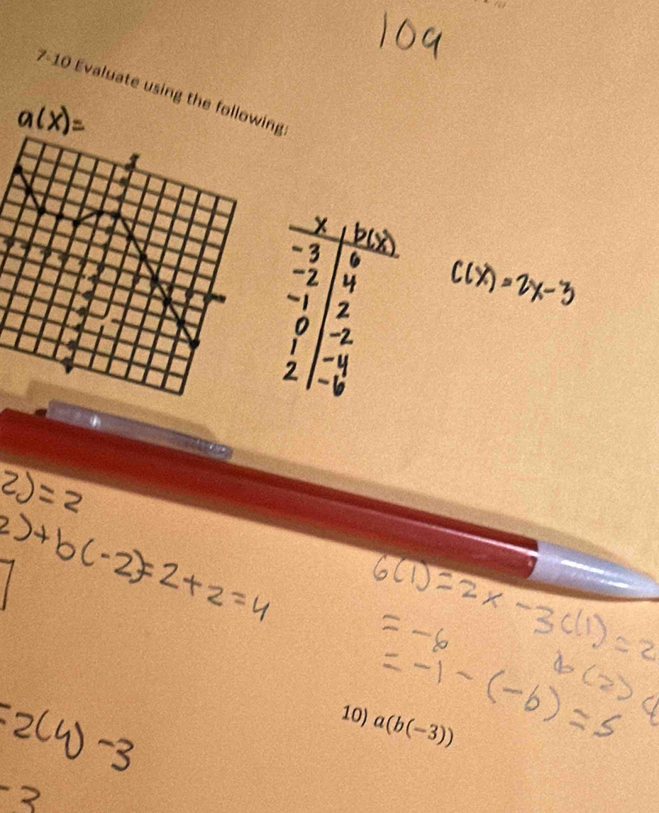 7-10 Evaluate using the followng 
10) a(b(-3))