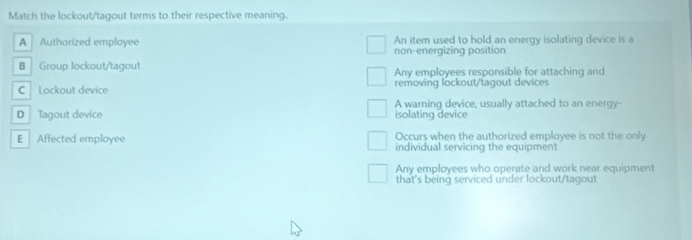 Solved: Match the lockout/tagout terms to their respective meaning. A ...