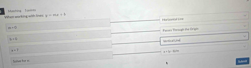 Matching 5 points
When working with lines: y=mx+b
Horizontal Line
m=0
b=0 Passes Through the Origin
x=7 Vertical Line
x=(y-b)/m
Solve for x :
Submit