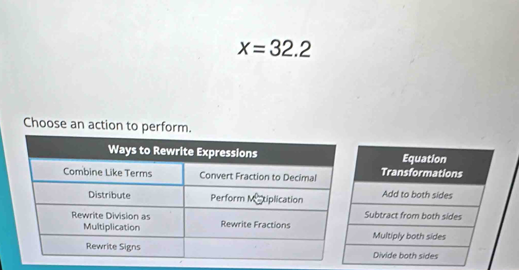 x=32.2
Choose an action to perform.