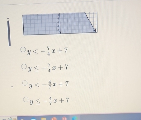 y<- 7/4 x+7
y≤ - 7/4 x+7
y<- 4/7 x+7
y≤ - 4/7 x+7