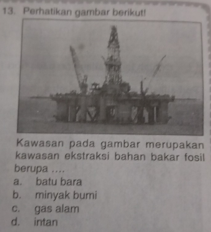 Perhatikan gambar berikut!
Kawasan pada gambar merupakan
kawasan ekstraksi bahan bakar fosil
berupa ....
a. batu bara
b. minyak bumi
c. gas alam
d. intan