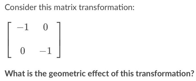 Consider this matrix transformation:
beginbmatrix -1&0 0&-1endbmatrix
What is the geometric effect of this transformation?