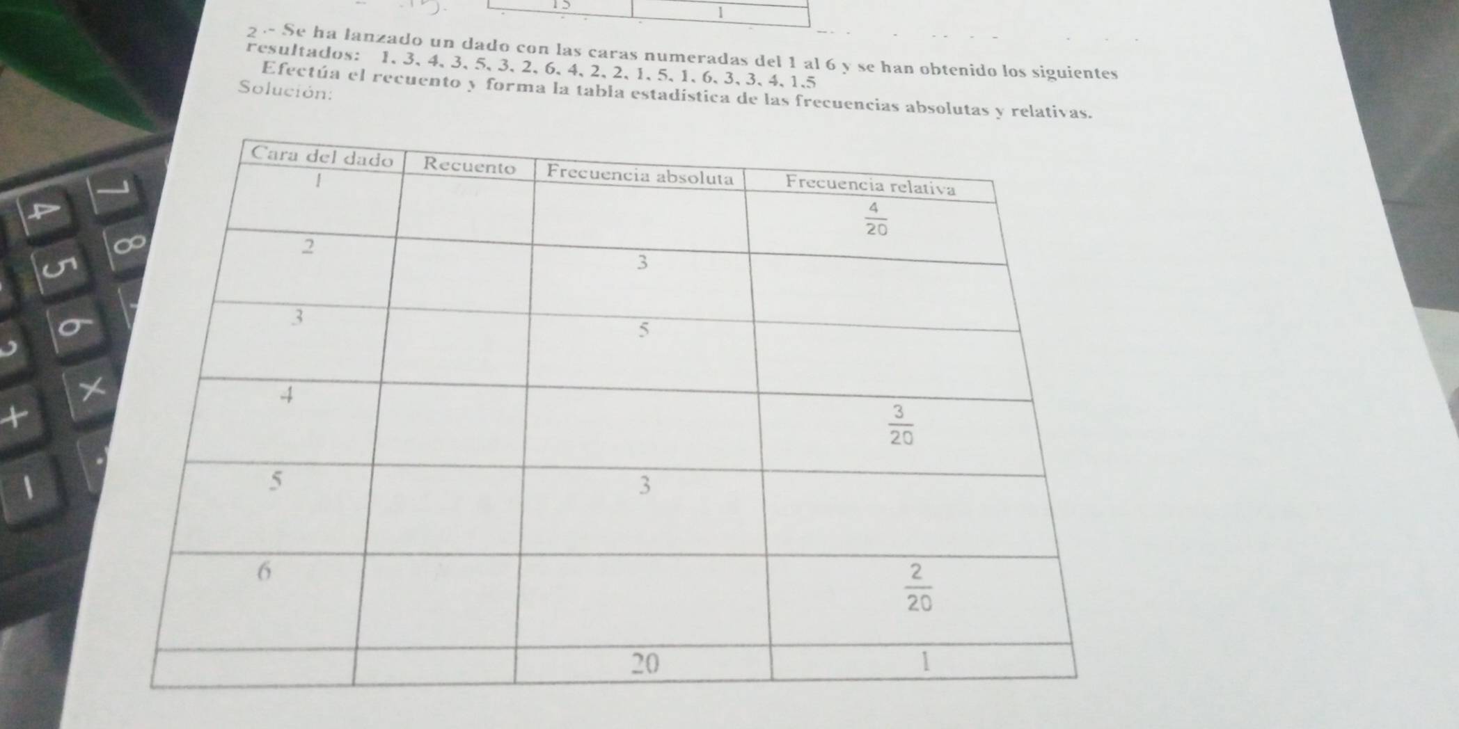 Se ha lanzado un dado con las caras numeradas del 1 al 6 y se han obtenido los siguientes
resultados: 1、 3、 4、 3、 5、 3、 2、 6、 4、 2、 2、 1、 5、 1、 6、 3、 3、 4, 1.5
Solución:
Efectúa el recuento y forma la tabla estadística de las frecuencias absolutas y relativas.
X
a
|