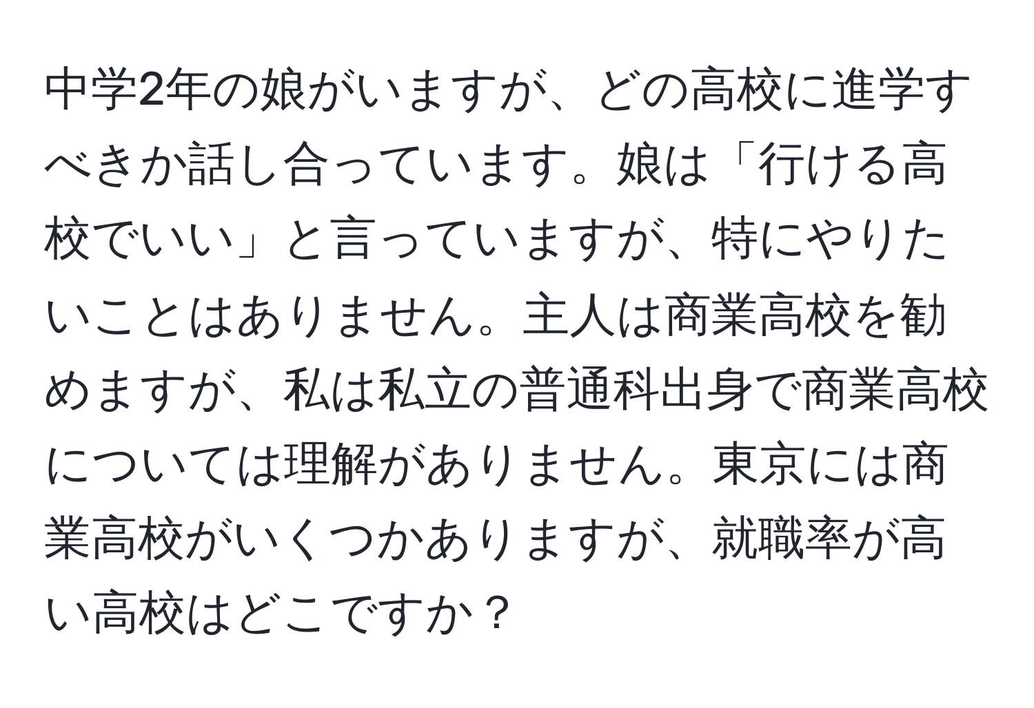 中学2年の娘がいますが、どの高校に進学すべきか話し合っています。娘は「行ける高校でいい」と言っていますが、特にやりたいことはありません。主人は商業高校を勧めますが、私は私立の普通科出身で商業高校については理解がありません。東京には商業高校がいくつかありますが、就職率が高い高校はどこですか？