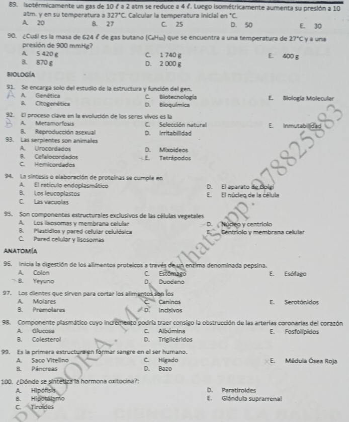 Isotérmicamente un gas de 10 f a 2 atm se reduce a 4 f. Luego isométricamente aumenta su presión a 10
atm. y en su temperatura a 327°C. Calcular la temperatura inicial en *C.
A. 20 B. 27 C. 25 D. 50 E. 30
90. ¿Cuál es la masa de 624₹ de gas butano (C_4H_20) que se encuentra a una temperatura de 27°C y a una
presión de 900 mmHg?
A. 5 420 g C. 1 740 g E. 400 g
B. 870 g D. 2 000 g
BIOLOGÍA
91. Se encarga solo del estudio de la estructura y función del gen.
A Genética C. Biotecnología E. Biología Molecular
B. Citogenética D. Bioquímica
92. El proceso clave en la evolución de los seres vivos es la
A. Metamorfosis C. Selección natural E. tab
8. Reproducción asexual D. Irritabilidad
93. Las serpientes son animales
A. Urocordados D. Mixoideos
B. Cefalocordados E. Tetrápodos
C. Hemicordados
94. La síntesis o elaboración de proteínas se cumple en
A. El retículo endoplasmático D. El aparato de Golgi
B. Los leucoplastos E. El núcleo de la célula
C. Las vacuolas
95. Son componentes estructurales exclusivos de las células vegetales
A. Los lisosomas y membrana celular D. Núcleo y centriolo
B. Plastidios y pared celular celulósica Gentriolo y membrana celular
C. Pared celular y lisosomas
ANATOMíA
95. Inicia la digestión de los alimentos proteicos a través de un enzima denominada pepsina.
A. Colon C. Estómago E. Esófago
B. Yeyuno D. Duodeno
97. Los dientes que sirven para cortar los alimentos son los
A. Molares C. Caninos E. Serotónidos
B. Premolares D. Incisivos
98. Componente plasmático cuyo incremento podría traer consigo la obstrucción de las arterias coronarias del corazón
A. Glucosa C. Albúmina E. Fosfolípidos
B. Colesterol D. Triglicéridos
99. Es la primera estructura en formar sangre en el ser humano.
A. Saco Vitelino C. Hígado  E. Médula Ósea Roja
B. Páncreas D. Bazo
100. ¿Dónde se sintetiza la hormona oxitocina?:
A. Hipófisis D. Paratiroldes
B. Hipotálamo E. Glándula suprarrenal
C. Tiroïdes